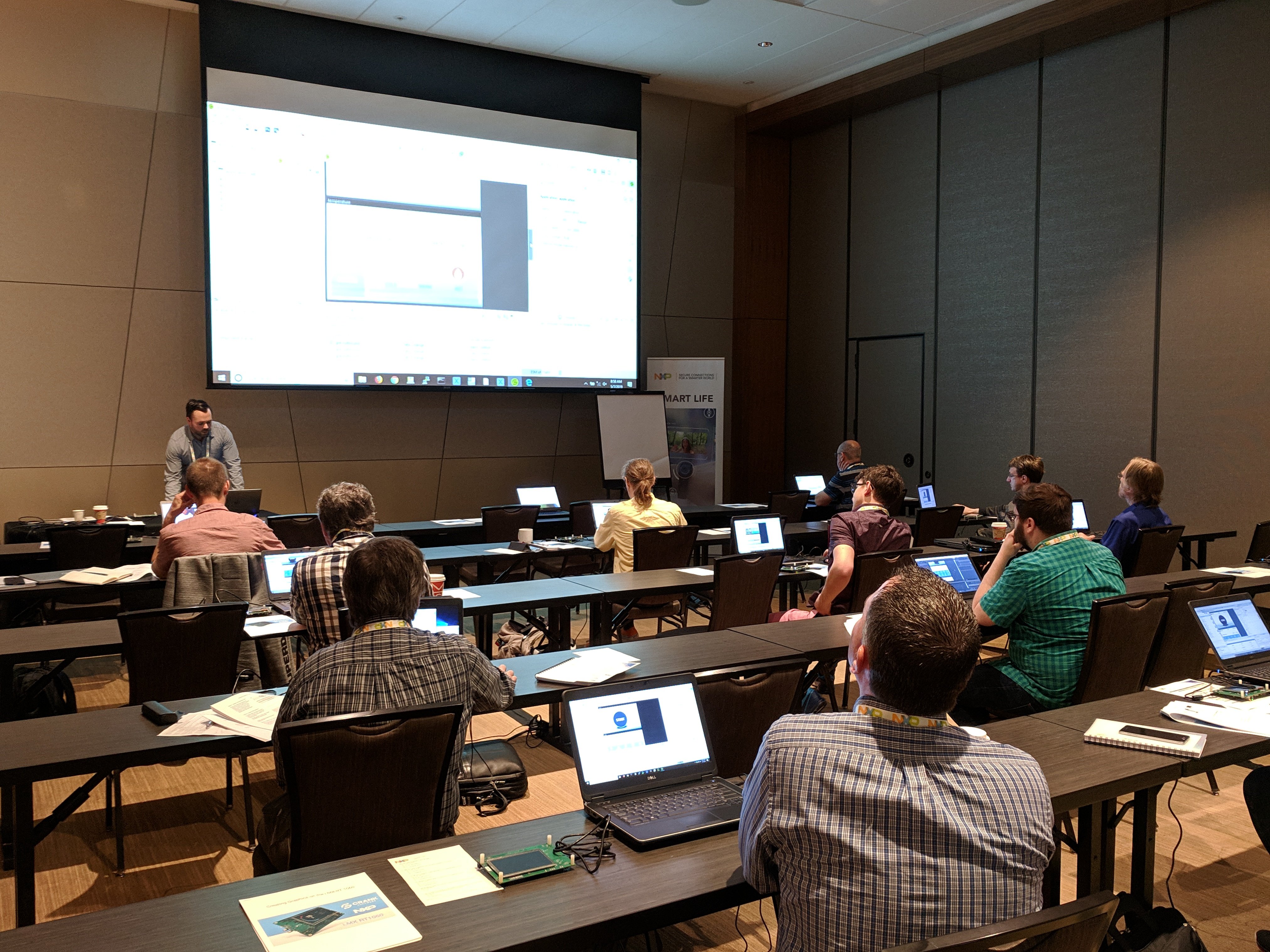 Above: Nik Schultz hosting a workshop for NXP customers on using Storyboard Lite for the RT 1060